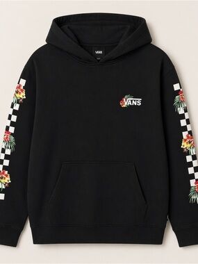 Vans Black Floral Checkerboard Sleeve Hoodie Pullover Sweatshirt Streetwear